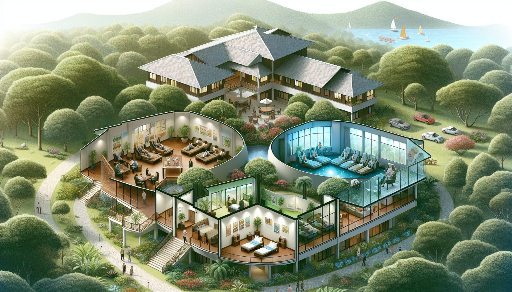 Illustration of a residential rehab facility with diverse treatment programs