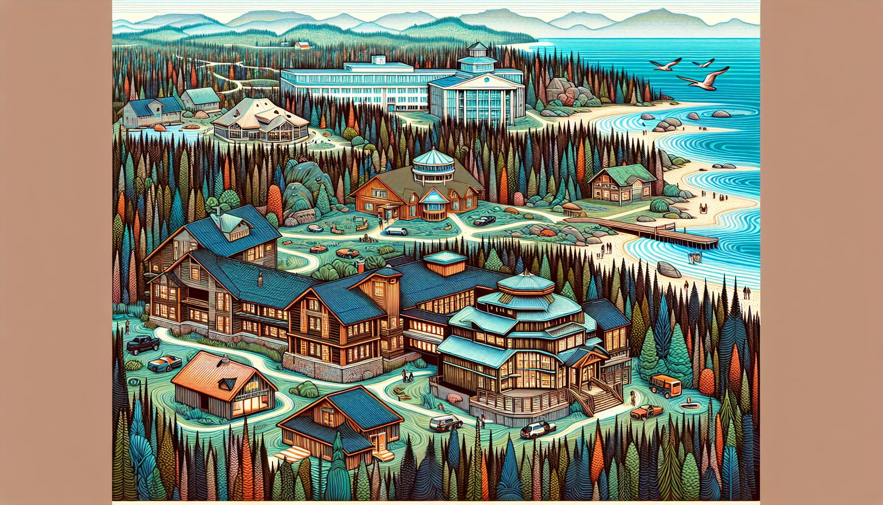 Illustration of a landscape with different types of rehab facilities